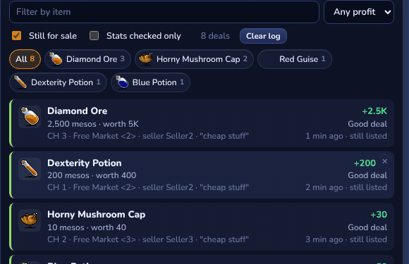 The deals log: every good deal with channel, Free Market room, seller and whether it's still listed